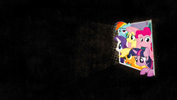 Size: 1920x1080 | Tagged: safe, applejack, fluttershy, pinkie pie, rainbow dash, rarity, twilight sparkle, g4, fourth wall, mane six, wallpaper, window