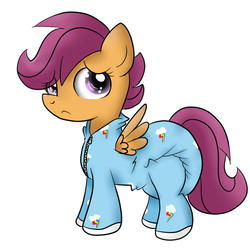 Size: 700x700 | Tagged: safe, artist:fillyscoots42, scootaloo, pegasus, pony, g4, clothes, crinkleloo, cute, cutealoo, diaper, female, footed sleeper, non-baby in diaper, onesie, pajamas, poofy diaper, solo