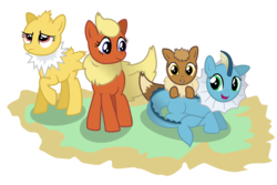 Size: 1500x1000 | Tagged: safe, artist:arteenebsen, artist:arteenesben, eevee, flareon, jolteon, vaporeon, pokémon, ponified, simple background, transparent background