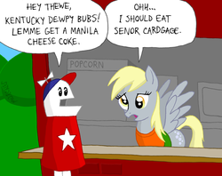 Size: 973x771 | Tagged: safe, artist:kturtle, derpy hooves, pegasus, pony, g4, bubs, coke, crossover, female, homestar runner, mare, parody, role reversal, scene parody, senor cardgage, soda