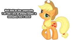 Size: 600x330 | Tagged: safe, applejack, earth pony, pony, g4, female, get out of my head, lidded eyes, mare, simple background, smiling, text, white background