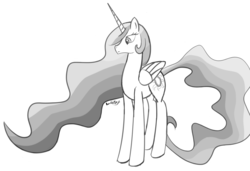 Size: 1350x925 | Tagged: safe, artist:rumblealex, princess celestia, pony, g4, female, frown, grayscale, looking down, monochrome, sketch, solo