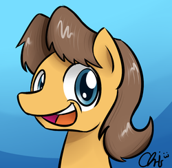 Size: 896x874 | Tagged: safe, artist:nekocrispy, caramel, earth pony, pony, g4, abstract background, bust, male, open mouth, signature, smiling, solo, stallion