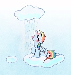 Size: 404x427 | Tagged: safe, artist:akhts, rainbow dash, pony, g4, blushing, cloud, drink, drinking, open mouth, rain, solo