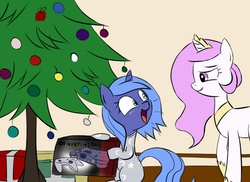 Size: 900x654 | Tagged: safe, artist:asluc96, princess celestia, princess luna, pony, gamer luna, g4, christmas, clothes, cute, cutelestia, footed sleeper, lunabetes, nintendo 64, pajamas, tree, video game, woona