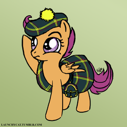 Size: 700x700 | Tagged: safe, artist:launchycat, scootaloo, pegasus, pony, g4, britain, clothes, female, filly, gradient background, green background, hat, kilt, lime background, pun, scotaloo, scottaloo, scottish, simple background, solo, tartan, visual pun