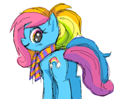 Size: 532x433 | Tagged: safe, artist:needsmoarg4, rainbow dash (g3), earth pony, pony, g3, g4, butt, clothes, female, flank, g3 rainbutt dash, g3 to g4, generation leap, mare, plot, rear view, scarf, simple background, solo, white background