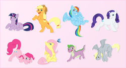 Size: 3310x1802 | Tagged: safe, artist:arcticwaters, applejack, derpy hooves, fluttershy, pinkie pie, rainbow dash, rarity, spike, twilight sparkle, butterfly, g4, mane seven, mane six