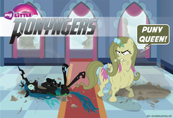 Size: 3495x2396 | Tagged: safe, artist:bastonivo, fluttershy, queen chrysalis, g4, avengers, crossover, flutterhulk, high res, hilarious in hindsight, the incredible hulk