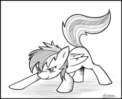 Size: 624x510 | Tagged: safe, artist:ambris, rainbow dash, g4, black outlines, filly, full body, grayscale, kubrick stare, monochrome, pose, simple background, solo, white background