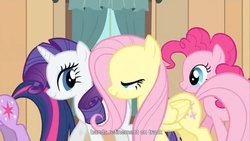 Size: 1280x720 | Tagged: safe, screencap, fluttershy, pinkie pie, rarity, twilight sparkle, g4, the last roundup, youtube caption
