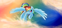 Size: 2178x1008 | Tagged: safe, artist:eeveetachi, rainbow dash, pegasus, pony, g4, female, grin, mare, raised hoof, smiling, solo, spread wings, wings