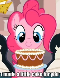 Size: 387x501 | Tagged: safe, edit, edited screencap, screencap, pinkie pie, baby cakes, g4, my little pony: friendship is magic, cake, cropped, food, image macro, solo focus