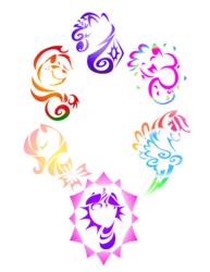 Size: 765x990 | Tagged: safe, artist:kwartzkitten, applejack, fluttershy, pinkie pie, rainbow dash, rarity, twilight sparkle, g4, colored, mane six, simple background, tattoo, transparent background, tribal