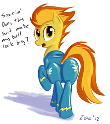 Size: 1263x1424 | Tagged: safe, artist:tggeko, spitfire, pegasus, pony, g4, butt, clothes, female, firebutt, implied soarin', mare, plot, solo, uniform, wonderbolts uniform