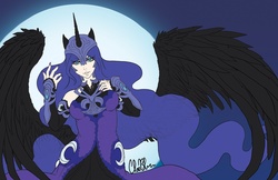 Size: 1100x712 | Tagged: safe, artist:spoonfulofcats, nightmare moon, human, g4, eared humanization, female, horn, horned humanization, humanized, solo, winged humanization
