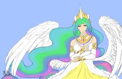 Size: 1280x828 | Tagged: safe, artist:spoonfulofcats, princess celestia, human, g4, eared humanization, female, horn, horned humanization, humanized, solo, winged humanization