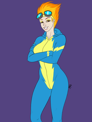 Size: 1200x1600 | Tagged: safe, artist:ldr, spitfire, human, g4, clothes, goggles, grin, humanized, makeup, smiling, uniform, wonderbolts uniform