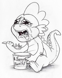 Size: 1680x2096 | Tagged: safe, artist:blue-von, spike, dragon, g4, ben & jerry's, color me, comfort eating, crying, forever alone, gem, ice cream, lineart, sad