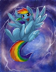 Size: 700x906 | Tagged: safe, artist:foxenawolf, rainbow dash, g4, flying, happy, hooves, rain, smiling, thunderstorm, water, wet