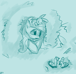 Size: 2400x2353 | Tagged: safe, artist:marisalle, angel bunny, fluttershy, bird, g4, sketch