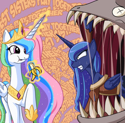 Size: 3100x3047 | Tagged: safe, artist:angriestangryartist, princess celestia, princess luna, alicorn, pony, two best sisters play, g4, banana, del lago, drool, eating, female, levitation, lunaprey, magic, mare, resident evil, telekinesis, vore, x eyes