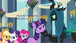 Size: 800x451 | Tagged: safe, edit, edited screencap, screencap, queen chrysalis, twilight sparkle, a canterlot wedding, g4, actor allusion, bionicle, lego, parody, text