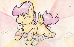 Size: 1096x697 | Tagged: safe, artist:slightlyshade, scootaloo, pony, g4, dancing, female, solo, traditional art