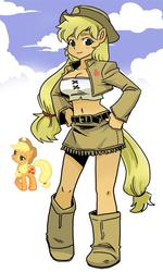 Size: 500x834 | Tagged: safe, artist:shepherd0821, applejack, earth pony, anthro, g4, ambiguous facial structure, big breasts, boots, breasts, busty applejack, cloud, cloudy, female