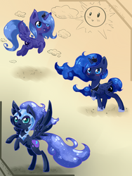Size: 1500x2000 | Tagged: safe, artist:tomat-in-cup, nightmare moon, princess luna, alicorn, pony, g4, cloud, ethereal mane, female, flying, helmet, hoof shoes, jewelry, mare, multeity, peytral, raised hoof, rearing, s1 luna, smiling, starry mane, sun, tiara