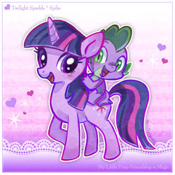 Size: 600x600 | Tagged: safe, artist:shimabo, spike, twilight sparkle, g4, heart, pixiv