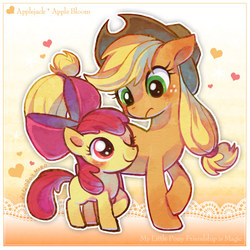 Size: 600x600 | Tagged: safe, artist:shimabo, apple bloom, applejack, earth pony, pony, g4, apple sisters, blushing, female, filly, foal, heart, mare, pixiv, siblings, sisters