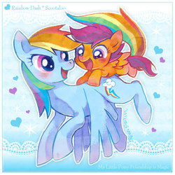 Size: 600x600 | Tagged: safe, artist:shimabo, rainbow dash, scootaloo, pegasus, pony, g4, abstract background, blushing, cute, female, filly, flapping, flapping wings, flying, foal, heart, looking at each other, looking at someone, mare, open mouth, open smile, pixiv, ponies riding ponies, riding, scootaloo riding rainbow dash, scootalove, smiling, spread wings, wings