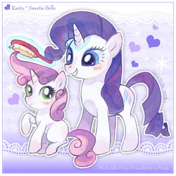 Size: 600x600 | Tagged: safe, artist:shimabo, rarity, sweetie belle, pony, unicorn, g4, blank flank, blushing, brush, brushie, brushing, duo, duo female, female, filly, glowing, glowing horn, heart, horn, looking at each other, looking at someone, magic, magic aura, mare, pixiv, sibling love, signature, sisterly love, sisters, sitting, smiling, telekinesis