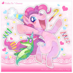 Size: 600x600 | Tagged: safe, artist:shimabo, gummy, pinkie pie, g4, blushing, confetti, cute, diapinkes, duo, hat, heart, noisemaker, one eye closed, open mouth, party hat, pixiv, wink