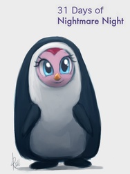 Size: 600x800 | Tagged: dead source, safe, artist:grissaecrim, pinkie pie, earth pony, pony, g4, 31 days of nightmare night, animal costume, bird costume, clothes, costume, cute, diapinkes, female, gray background, penguin costume, simple background, solo