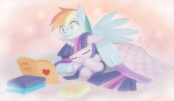 Size: 1900x1100 | Tagged: safe, artist:howxu, rainbow dash, twilight sparkle, ambiguous race, pegasus, pony, g4, blanket, book, cute, dashabetes, duo, female, lesbian, reading, ship:twidash, shipping, snuggling, twiabetes