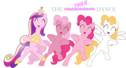 Size: 3900x2100 | Tagged: dead source, safe, artist:midasesquivel, pinkie pie, pinkie pie (g3), princess cadance, surprise, alicorn, earth pony, pegasus, pony, a canterlot wedding, g1, g3, g4, ^^, adoraprise, animation error, belly, bipedal, chicken dance, comedy, concave belly, crown, cute, cutedance, dancing, diapinkes, eyes closed, g1 to g4, g3 diapinkes, g3 to g4, generation leap, hoof shoes, jewelry, open mouth, parody, peytral, physique difference, princess shoes, regalia, simple background, skeleton dance, slender, smiling, thin, transparent background, vector, wingless