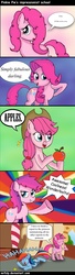 Size: 1397x5133 | Tagged: safe, artist:mrfulp, pinkie pie, rainbow dash, earth pony, pegasus, pony, comic:pinkie pie's impressionist school, g4, alternate hairstyle, apple, comic, dialogue, eyes closed, fake horn, female, food, hat, hilarious in hindsight, impressions, laughing, mare, speech bubble