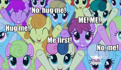 Size: 662x386 | Tagged: safe, edit, edited screencap, screencap, berry punch, berryshine, bluebonnet, bon bon, carrot top, daisy, flower wishes, golden harvest, merry melody, shoeshine, strawberry sunrise, sweetie drops, earth pony, pegasus, pony, g4, hearth's warming eve (episode), season 2, adaisable, adorabon, background pony, background pony audience, berrybetes, blue bon, bronybait, cheering, clone, coca melody, coconut melody, crowd, cute, cutie top, cutie wishes, diadaises, female, hearth's warming eve, hub logo, hug, hug request, hugs needed, image macro, impact font, mare, not bon bon, pink cola, purple rainbow, recolor, strawwberry sunrise, the hub, tree stump (character), yellow blueberry, yellow melody