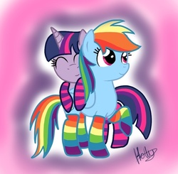 Size: 718x704 | Tagged: safe, artist:dallydog101, rainbow dash, twilight sparkle, g4, clothes, female, lesbian, rainbow socks, ship:twidash, shipping, socks, striped socks