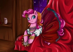 Size: 2092x1479 | Tagged: dead source, safe, artist:matrosha123, pinkie pie, earth pony, pony, g4, candle, earring, gypsy pie, madame pinkie, musical instrument, romani, tambourine