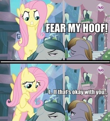 Size: 500x549 | Tagged: safe, edit, edited screencap, screencap, amber waves, crystal arrow, crystal beau, fluttershy, crystal pony, pony, g4, the crystal empire, comic, hub logo, image macro, meme