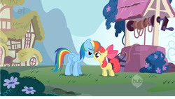 Size: 1920x1080 | Tagged: safe, screencap, apple bloom, rainbow dash, g4, ei, hub logo, imminent kissing, out of context