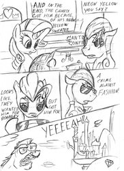 Size: 930x1280 | Tagged: safe, artist:taharon, bulk biceps, hoity toity, rarity, earth pony, pegasus, pony, unicorn, g4, airship, background pony, canterlot, comic, csi, csi miami, female, male, mare, meme, monochrome, stallion, sunglasses, yeah