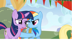 Size: 1920x1080 | Tagged: safe, screencap, applejack, rainbow dash, twilight sparkle, g4, one eye closed, out of context, wink