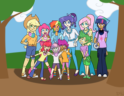 Size: 900x698 | Tagged: safe, artist:annehairball, apple bloom, applejack, fluttershy, pinkie pie, rainbow dash, rarity, scootaloo, spike, sweetie belle, twilight sparkle, g4, converse, cutie mark crusaders, dark skin, humanized, mane seven, mane six, shoes