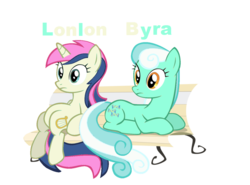 Size: 900x665 | Tagged: safe, bon bon, lyra heartstrings, sweetie drops, g4, bench, palette swap, simple background, sitting lyra, transparent background, vector