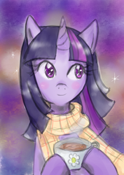 Size: 2149x3035 | Tagged: safe, artist:little-red-hamster, twilight sparkle, g4, clothes, scarf, tea