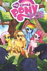 Size: 400x607 | Tagged: safe, artist:jill thompson, idw, official comic, applejack, fluttershy, pinkie pie, rainbow dash, changeling, pony, g4, comic, cover, faic, fluttershy's cottage, idw advertisement